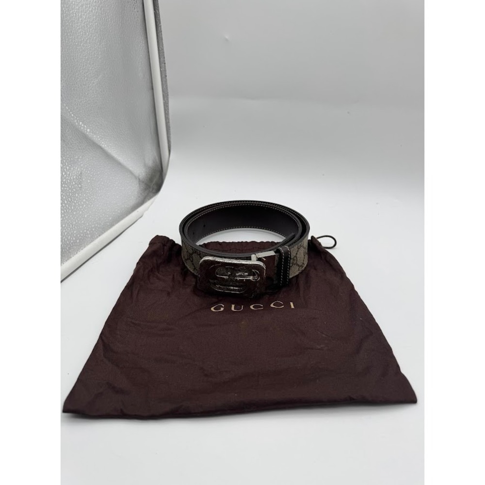 Gucci GG Supreme Canvas Interlocking G Buckle Belt Brown Leather 223891 Size‎ 34